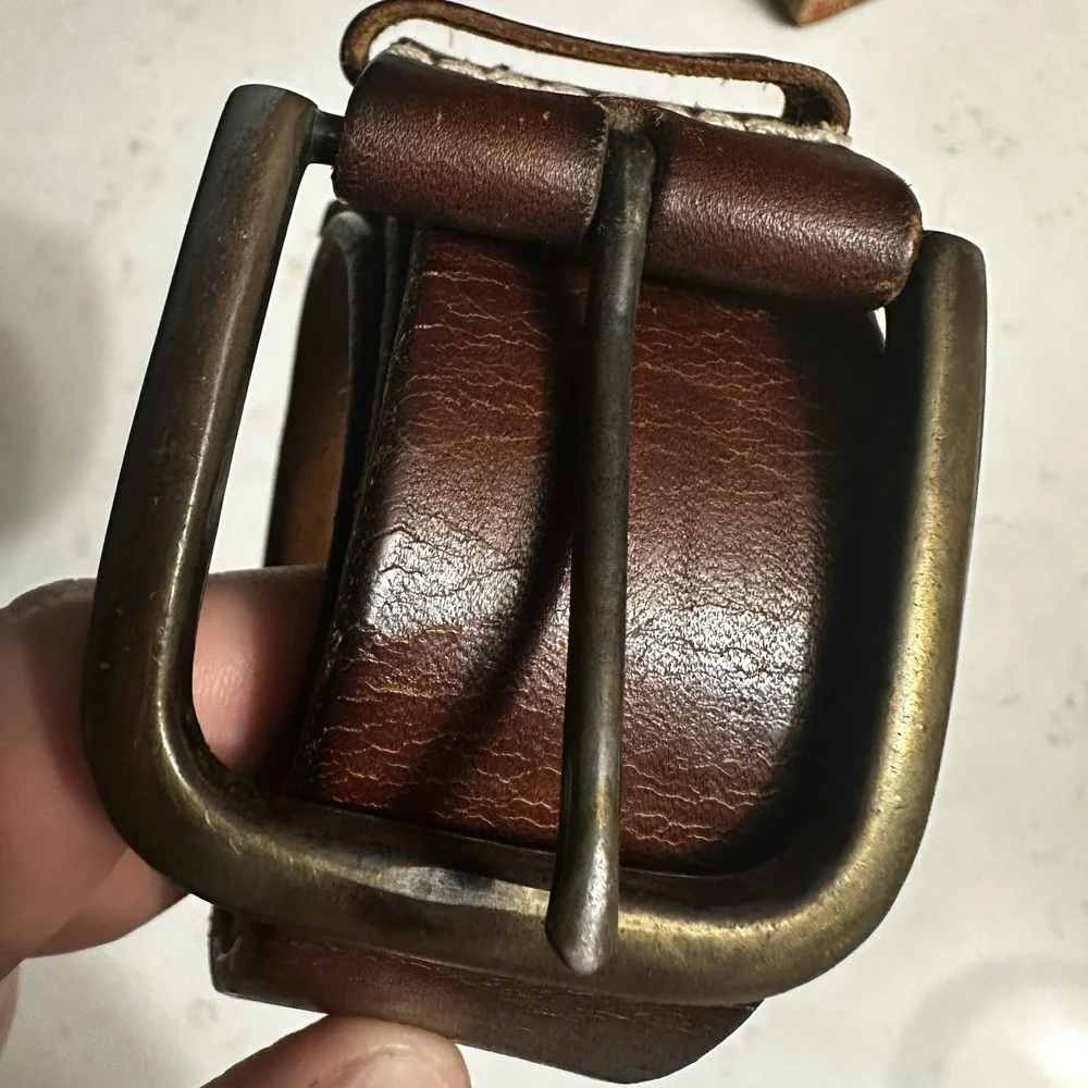 Vintage Y2K American Eagle Leather Belt Mens 34 Brown Brass Buckle Preppy